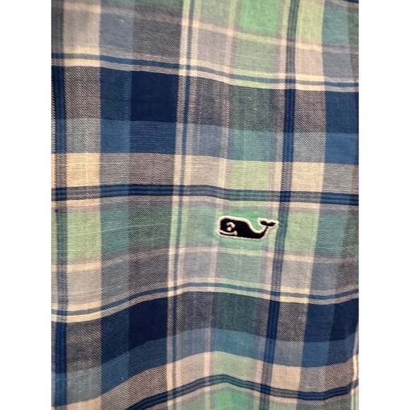 Vineyard Vines Boys XL 18 Whale Shirt Blue Green Plaid Button Down Long‎ Sleeve - Picture 3 of 4